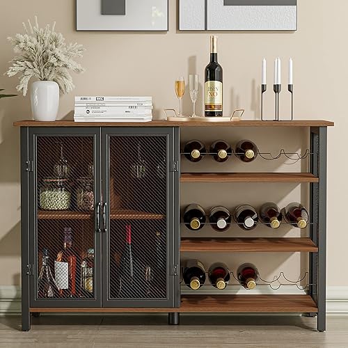 Cozy Castle Gabinete de vino rústico gabinete de bar industrial gabinete de almacenamiento con estante de vino extraíble barra de gabinete de licor