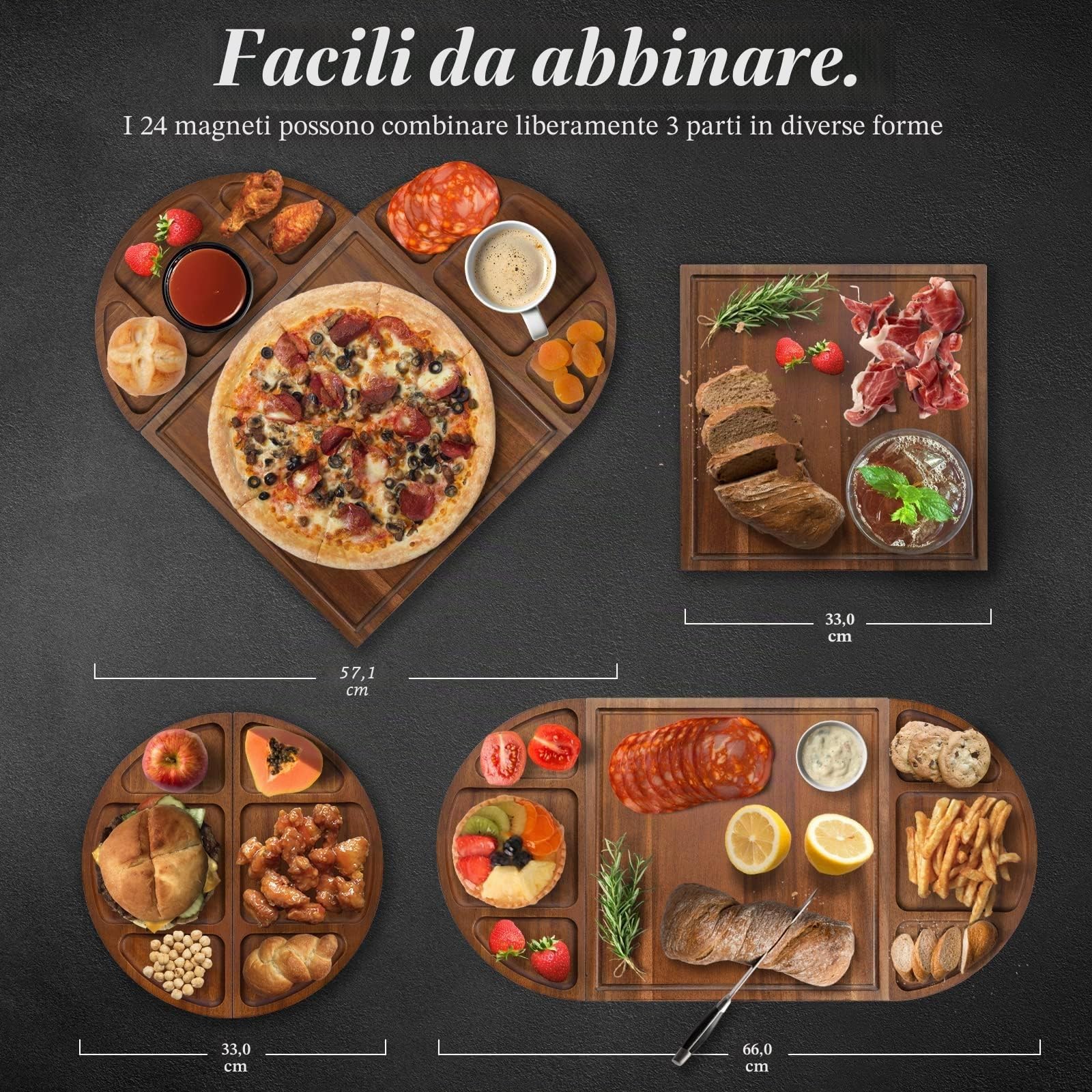 YUANQIAN Tagliere magnetico in legno di acacia, grande 66 cm x 33 cm, tagliere per formaggi per intrattenere, bellissimo set di tagliere per salumi semicircolare in legno di Natale personalizzato