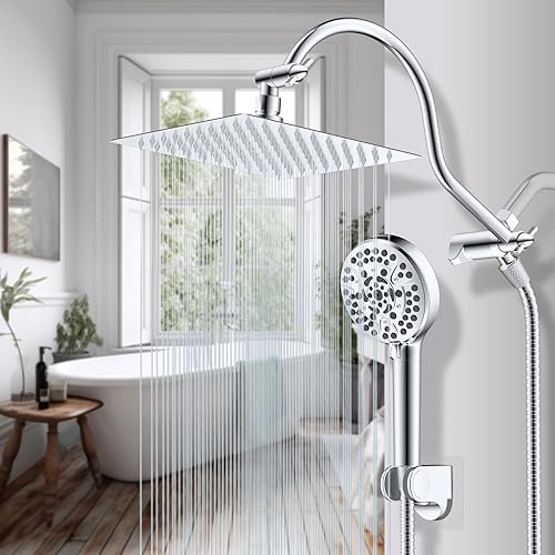 Miniatura 9 de Hibbent Cabezal de ducha cromado de 7 pulverizaciones de 8 pulgadas con brazo de extensión curvado ajustable de 12 pulgadas, combo de cabezal de