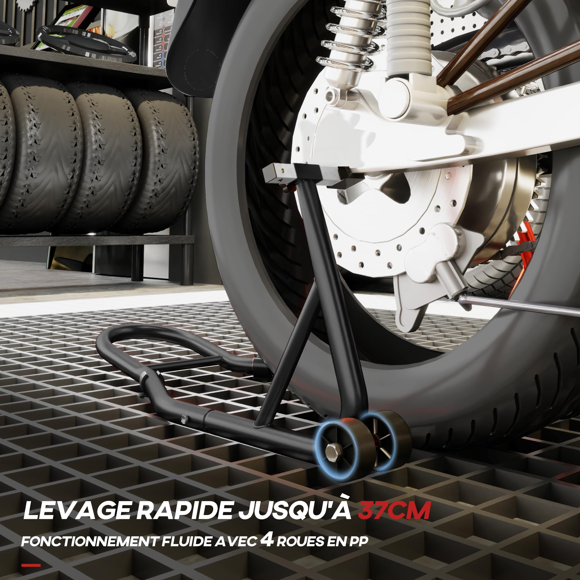 HOMCOM Support béquille de moto arrière support de roue lève moto arrière sur roulettes avec bobine de bras oscillant U + L, noir