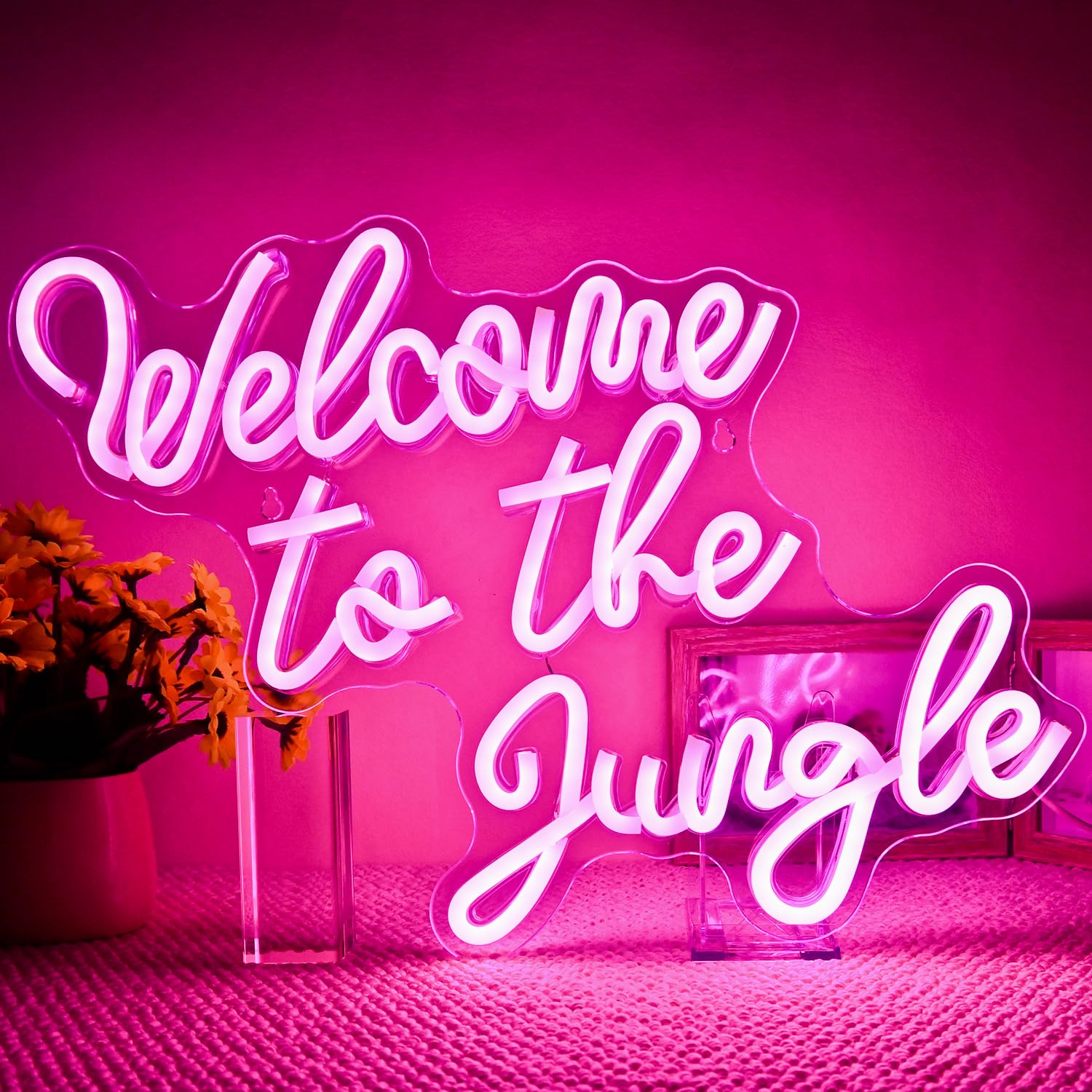 Neonschild mit Aufschrift "Welcome to the Jungle", rosa LED-Wort, Neonlicht-Schilder für Wanddekoration, USB-Buchstabe, leuchtendes Schild für Schlafzimmer, Kinderzimmer, Garten, Zuhause,