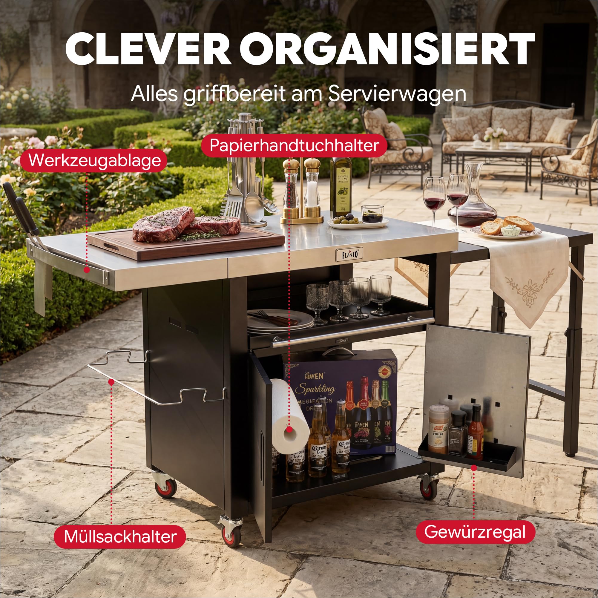 Outdoor-Küche Grillwagen Outdoor Grilltisch Outdoor wetterfest mit Schrank | 188x66x92 cm Servierwagen Pizzatisch mit 2 Klappbarer Beistelltisch, ausziehbare Ablage, für Pizzaofen, Außenküche,Terrasse