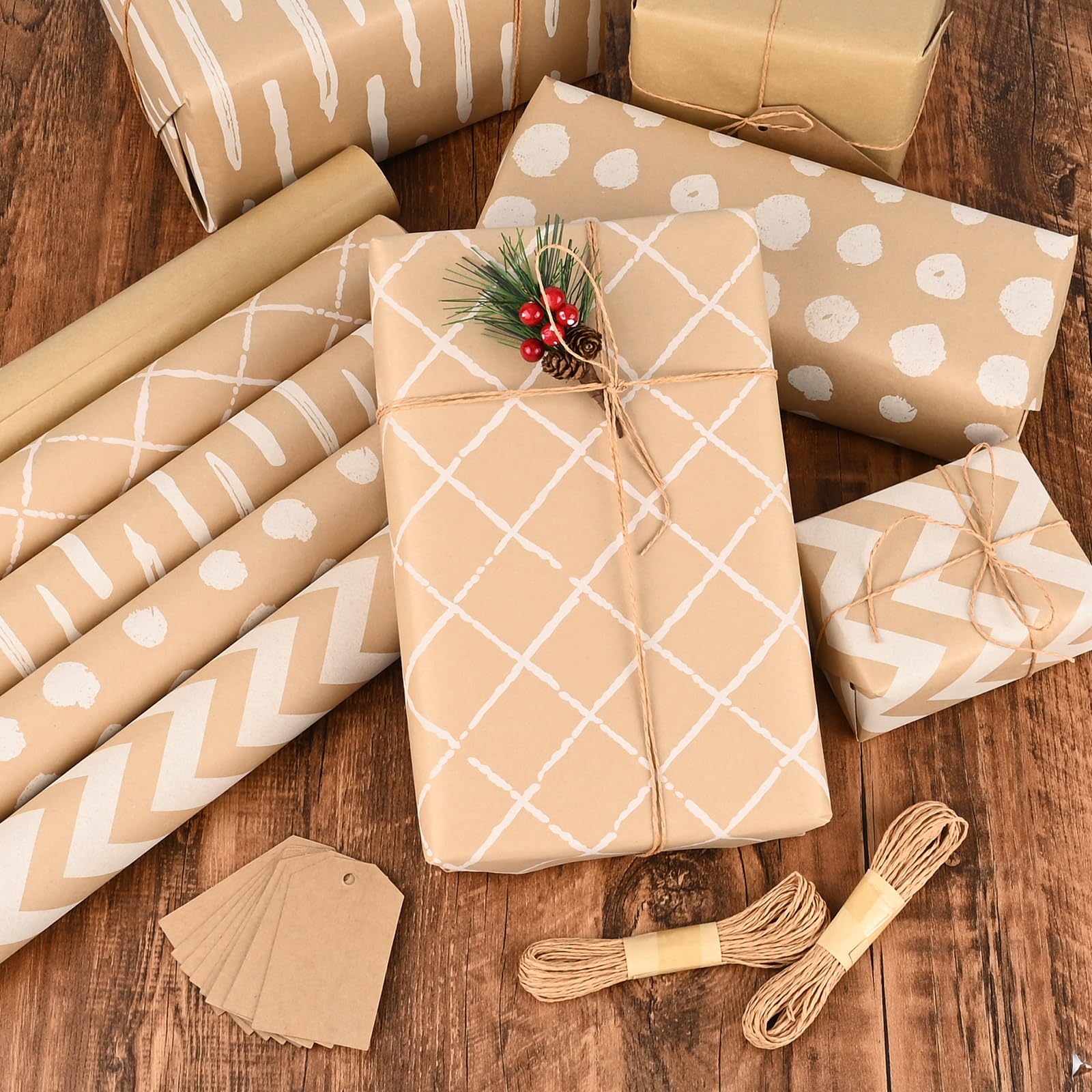 GuKKK Geschenkpapier Set - 4 Rollen 3m X 43cm + 2 Bänder Für Geburtstag & Weihnachten