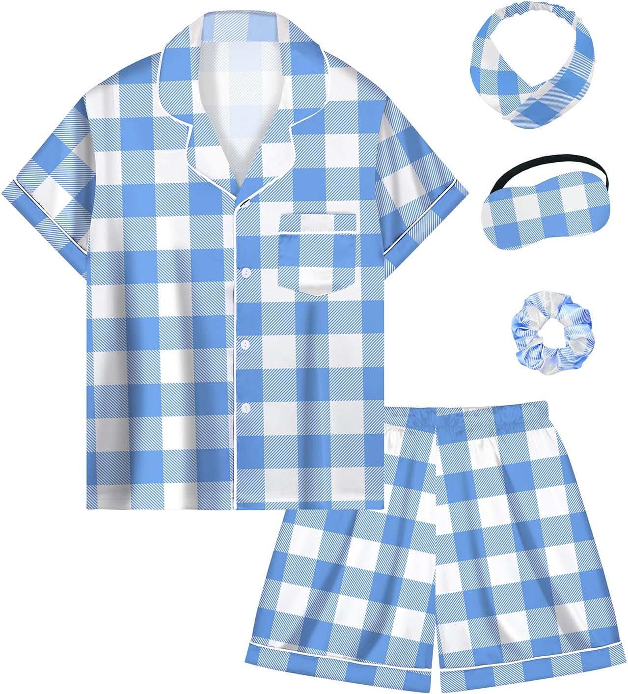 EPLAZA Kids Satin Pajamas Sets Girls Boys Button-Down Silky Pajamas Sleepwear with Hairband Eye Mask Hair Tie