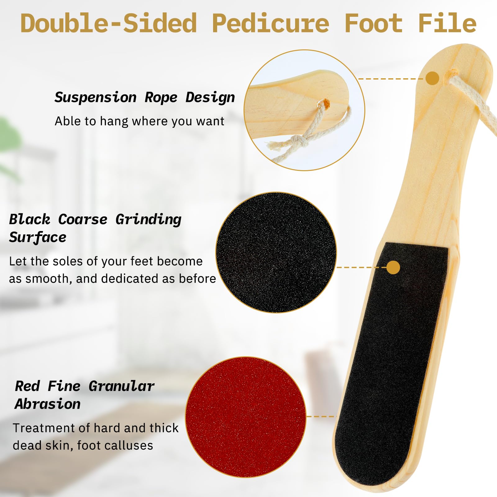 Lima de pies de pedicura de madera de doble cara, reutilizable, herramienta de pedicura profesional con mango para eliminar callos, piel seca y muerta, codos, pies y talones