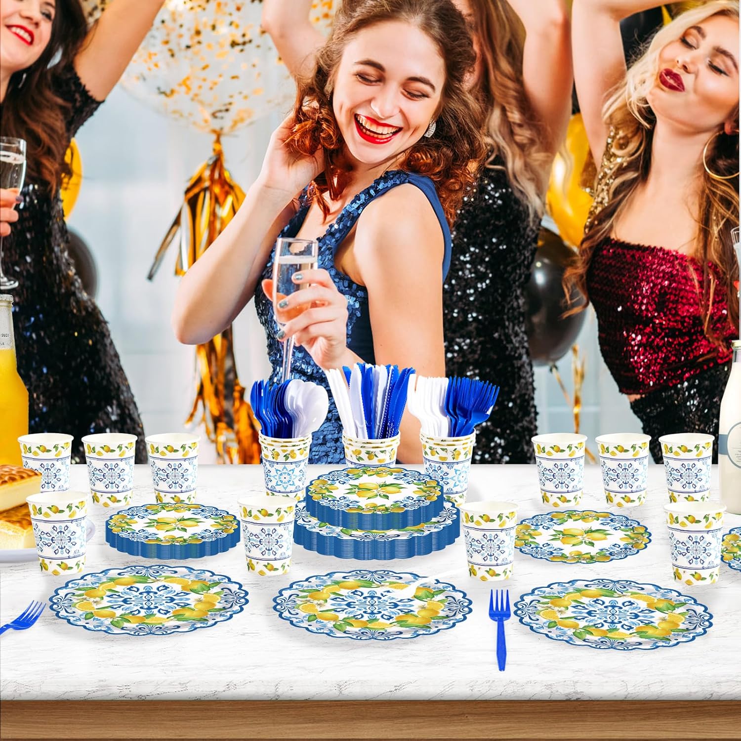 168Pcs Capri Lemon Party Decoration Blue Tiles Plates Napkins Cups Forks Knives Spoons Scalloped Blue Yellow Lemon Disposable Tableware Set for Wedding Bridal Shower Party Supplies Serves 24