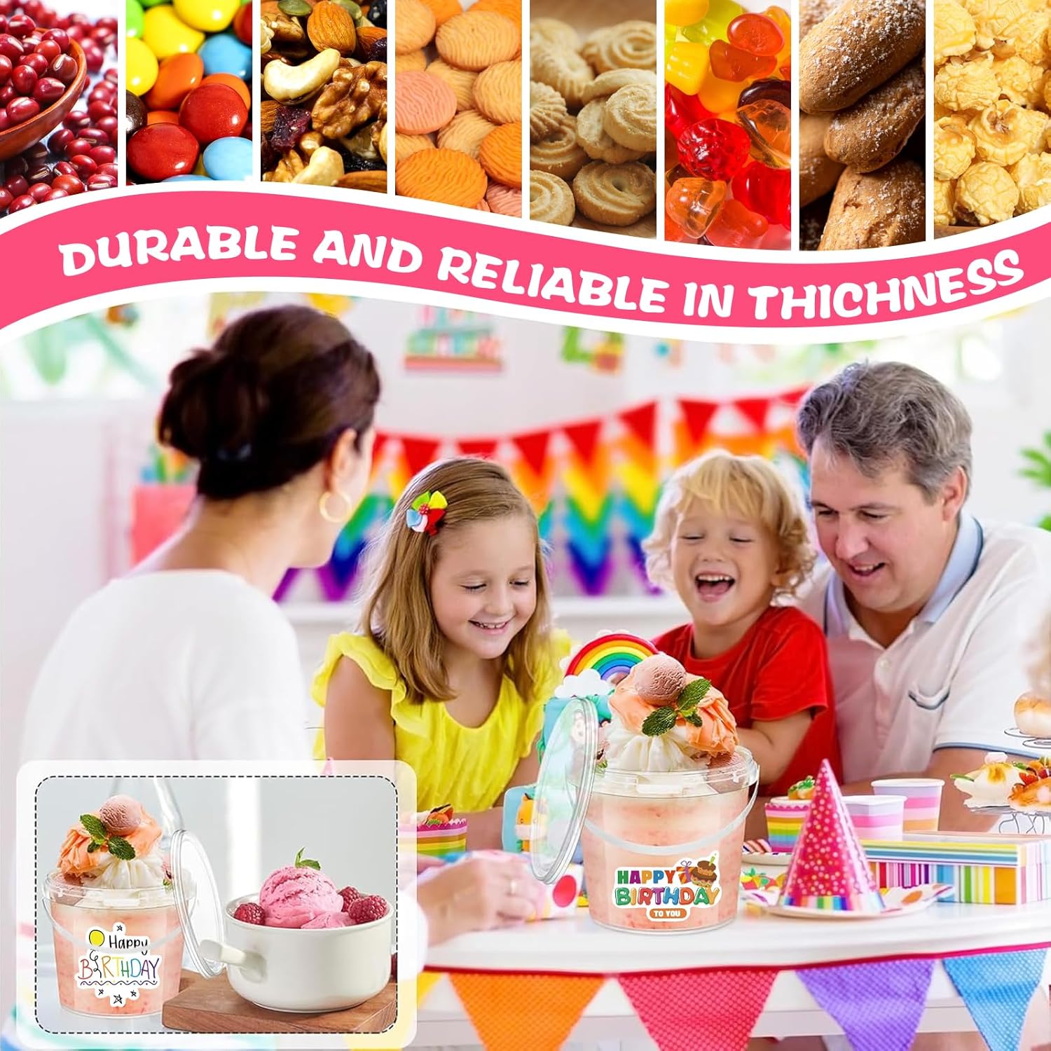 20 Sets 32 oz Ice Cream Buckets with Lids and Handles Clear Plastic Cocktail Rum Drink Buckets Reusable Food Storage Containers Ice Cream Tub for Parties