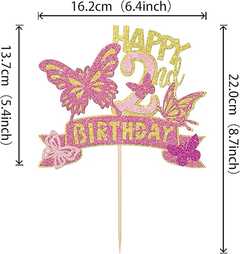 Miniatura 3 de 1 pieza de decoración de pastel de mariposa con purpurina dorada y rosa para 2 cumpleaños, decoración para baby shower, niños y niñas, fiesta de