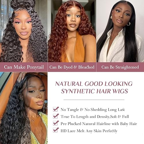 Miniatura 4 de Slinsmei Peluca larga y recta sintética con encaje frontal, pelucas de encaje sin pegamento, peluca sintética natural de fibra resistente al calor,