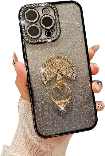 Caseative for iPhone 15 Plus Case,Plating Glitter Bling Sparkle Diamond Frame Peacock Ring Bracket Stand Holder Phone Case Black,15 Plus