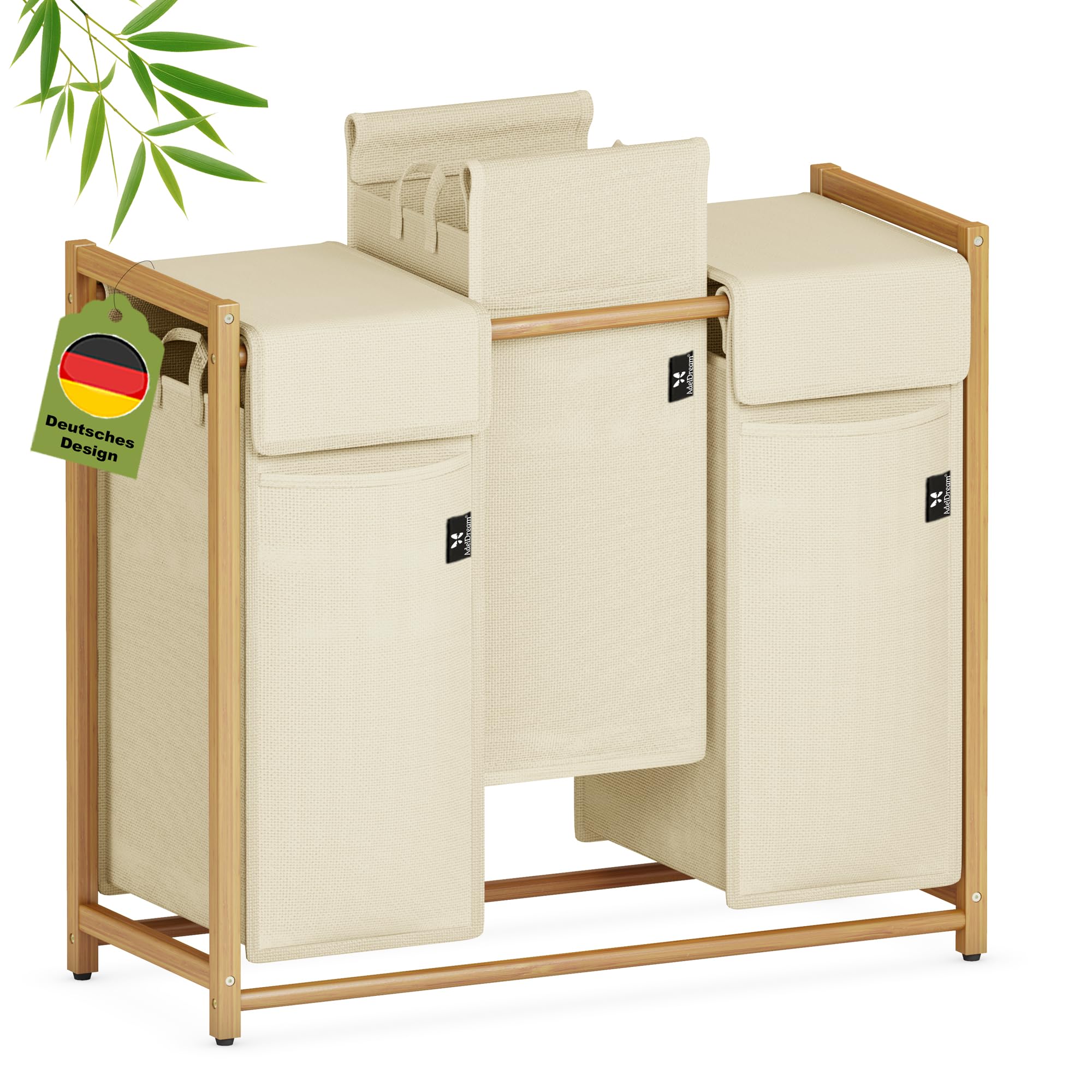 AdelDream Wäschekorb 150L, 3 Fächer Wäschesammler, Bambusrahmen | Wäschesortierer 3 x 50L, abnehmbarer Sack, atmungsaktiv, Beige