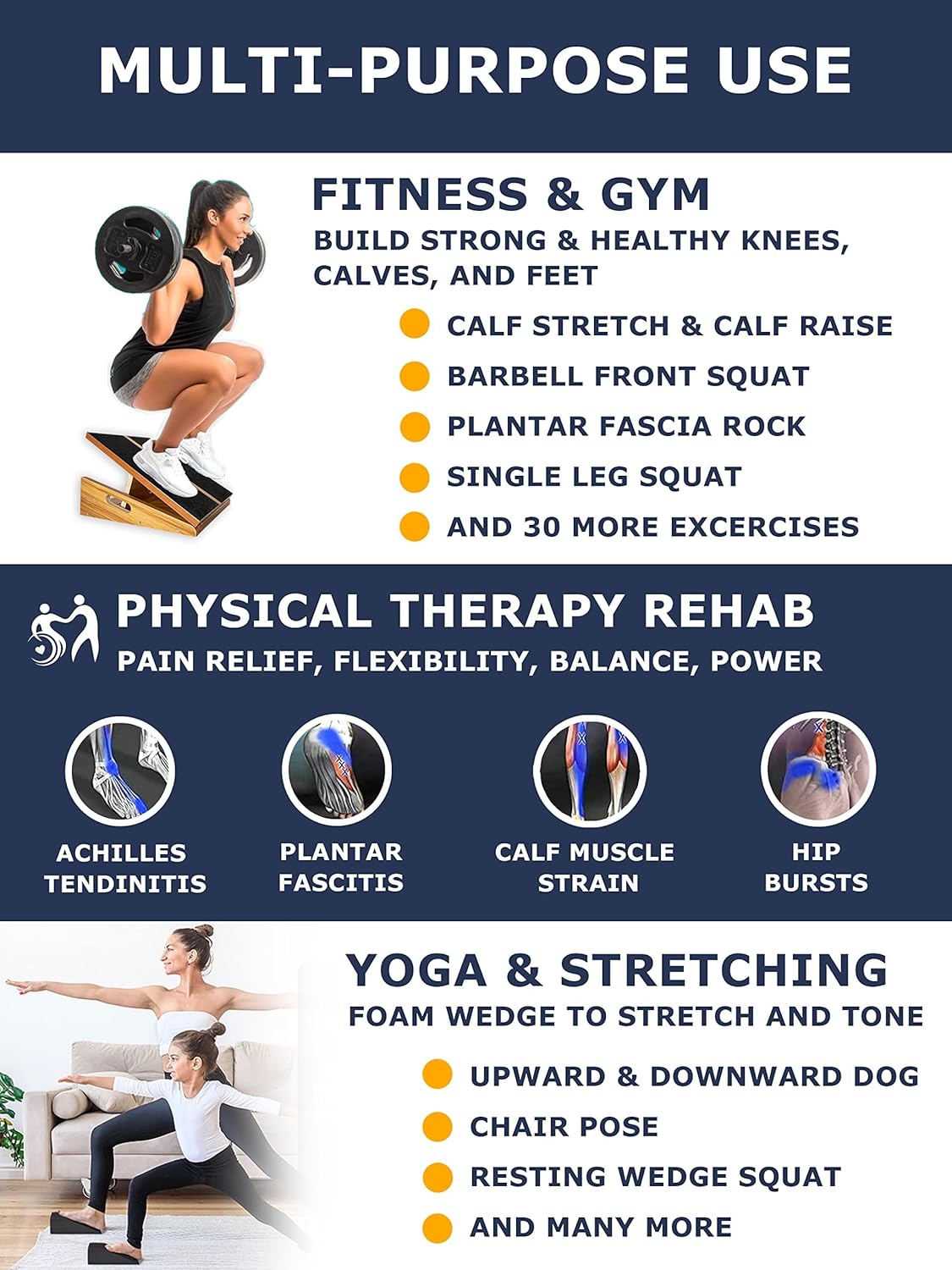BAM Athletica's Physical Therapy Slant Board for Calf Stretching, Injury Recovery & Fitness | Adjustable Calf Stretcher Incline Board for Plantar Fasciitis Relief, Achilles Rehab, Squats & Exercise