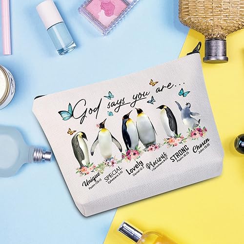 Miniatura 3 de WZMPA Bolsa de maquillaje de pingüino, regalo para amantes de los pingüinos, Dios dice que eres único, especial, preciosa, fuerte, con cremallera,