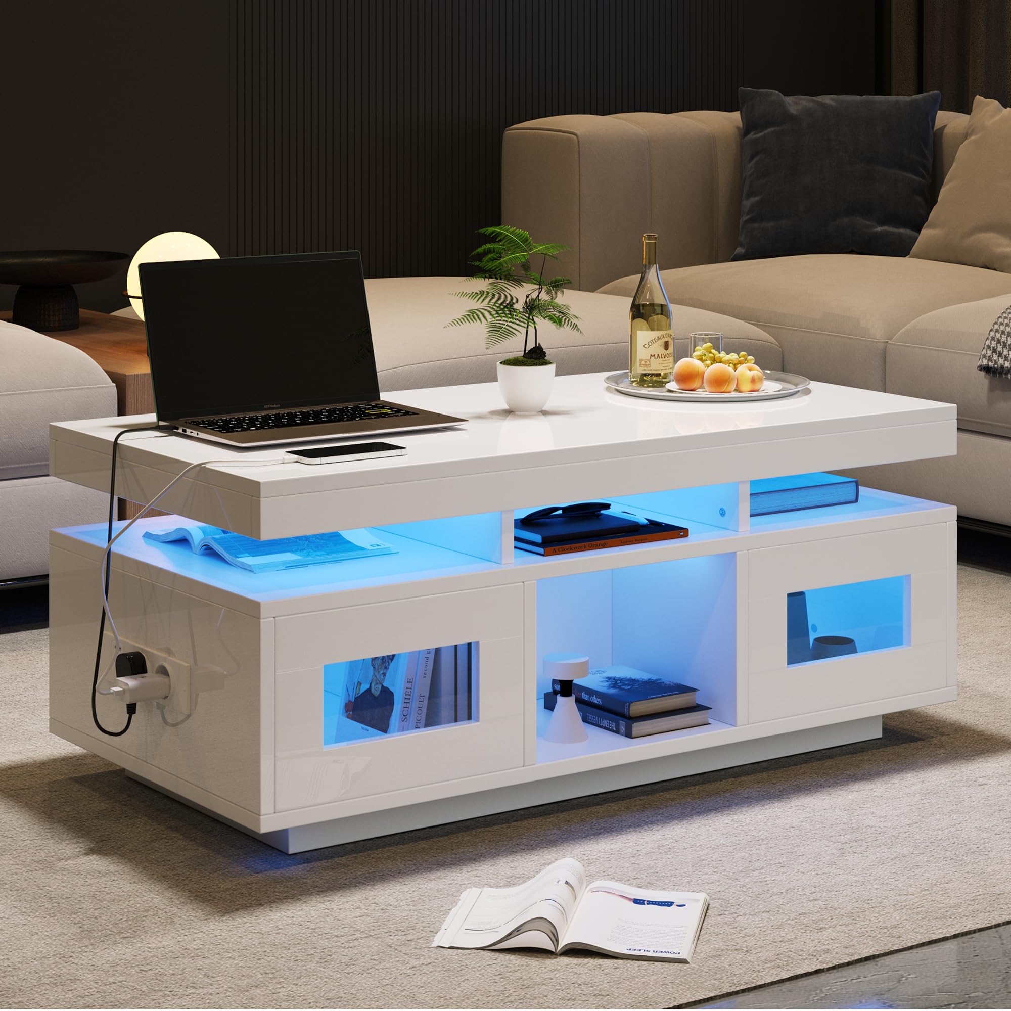 Merax Couchtisch Weiß, Wohnzimmertisch Hochglanz mit LED Beleuchtung, Beistelltisch Kaffeetisch mit Schrank & Offene Staufächer, Sofatisch mit Ladeanschluss, Rechteckiger Mitteltisch, 100×50×43cm