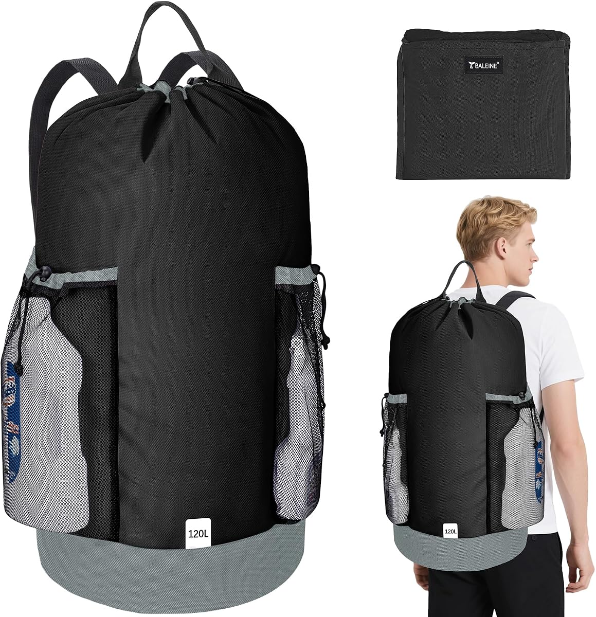 120L Laundry Bag Backpack, 900D Oxford Fabric Large Travel Laundry Bags with Shoulder Straps and 2 Mesh Pockets for College Dorm, Apartment, Laundromat (Black, 120L)