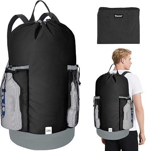 BALEINE Bolsa de lavandería de 120 L, tela Oxford 900D, bolsas grandes de viaje para lavandería con correas para el hombro y 2 bolsillos de malla