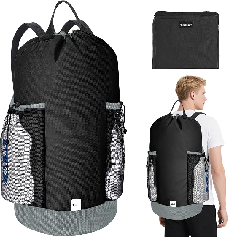 120L Laundry Bag Backpack, 900D Oxford Fabric Large Travel Laundry Bags with Shoulder Straps and 2 Mesh Pockets for College Dorm, Apartment, Laundromat (Black, 120L)