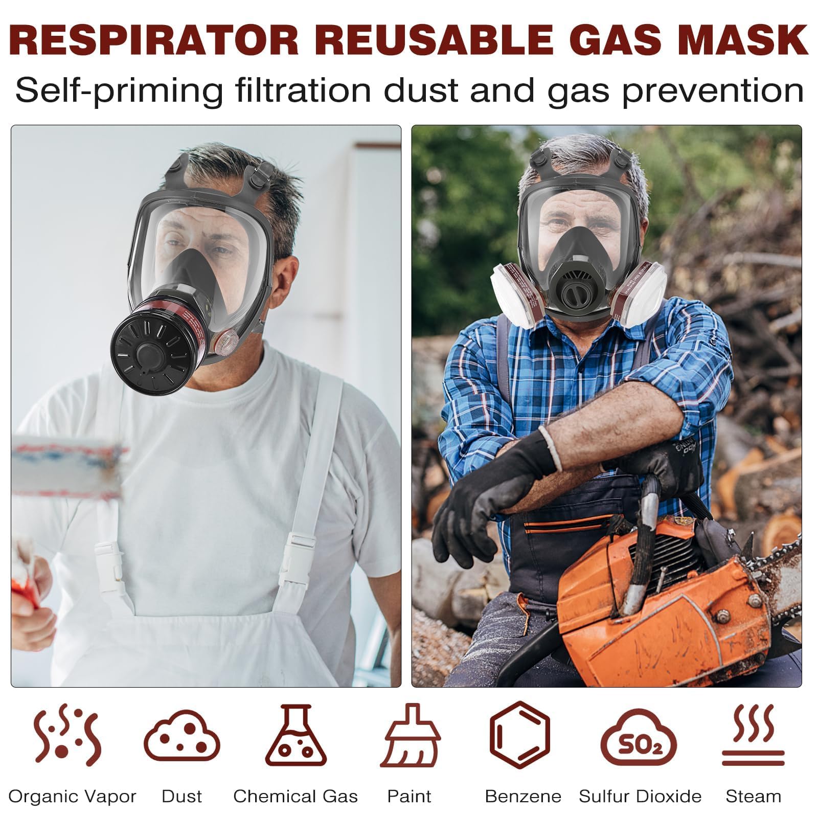 Masque intégral à gaz – Masque respiratoire réutilisable à gaz de survie nucléaire et chimique avec filtre à charbon actif 6001 cn et 40 mm
