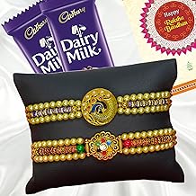 Canton Rakhii Gift for Brother with Chocolate - Designer Rakhi for Brother with Cadbury Gift Hamper Pack, Roli Kumkum & Greeting Card (Design-1, 2 Rakhi + Cadbury)