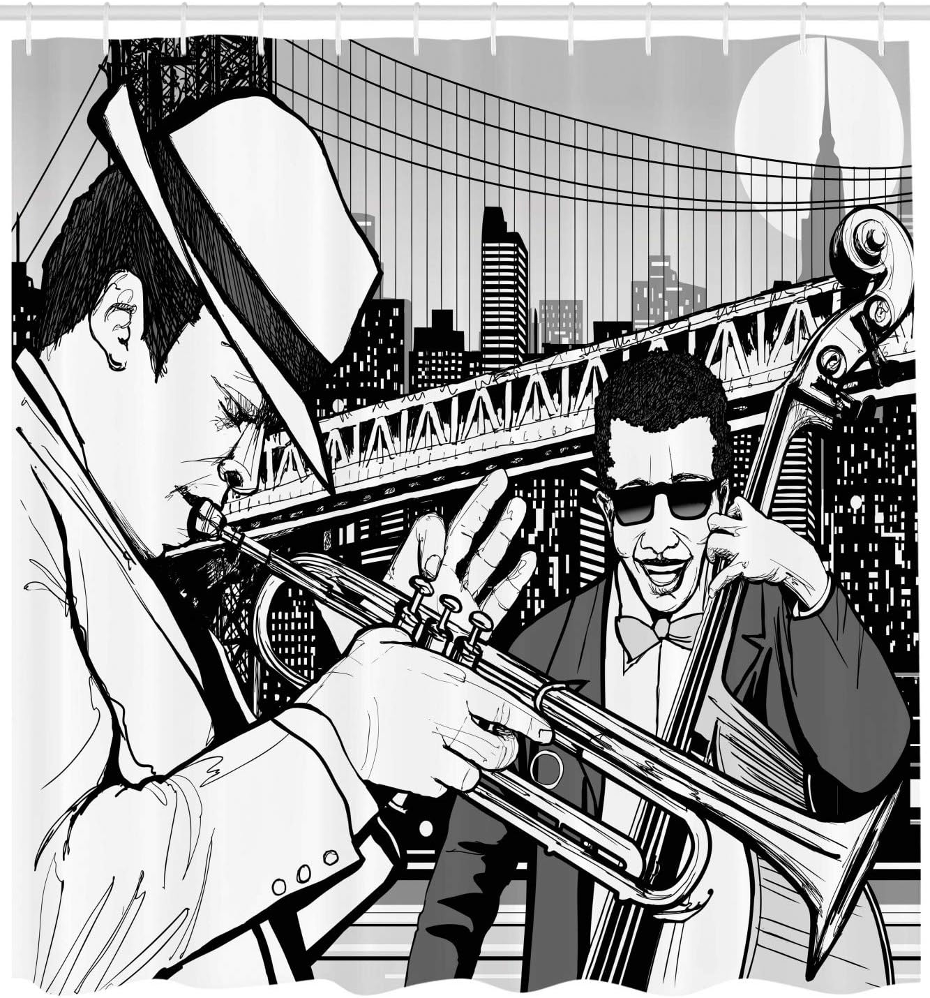 Ambesonne Music Shower Curtain, Illustration of Jazz Band Playing The Blues in New York in Moonlight Retro Design, Cloth Fabric Bathroom Decor Set with Hooks, 69" W x 84" L, Black White