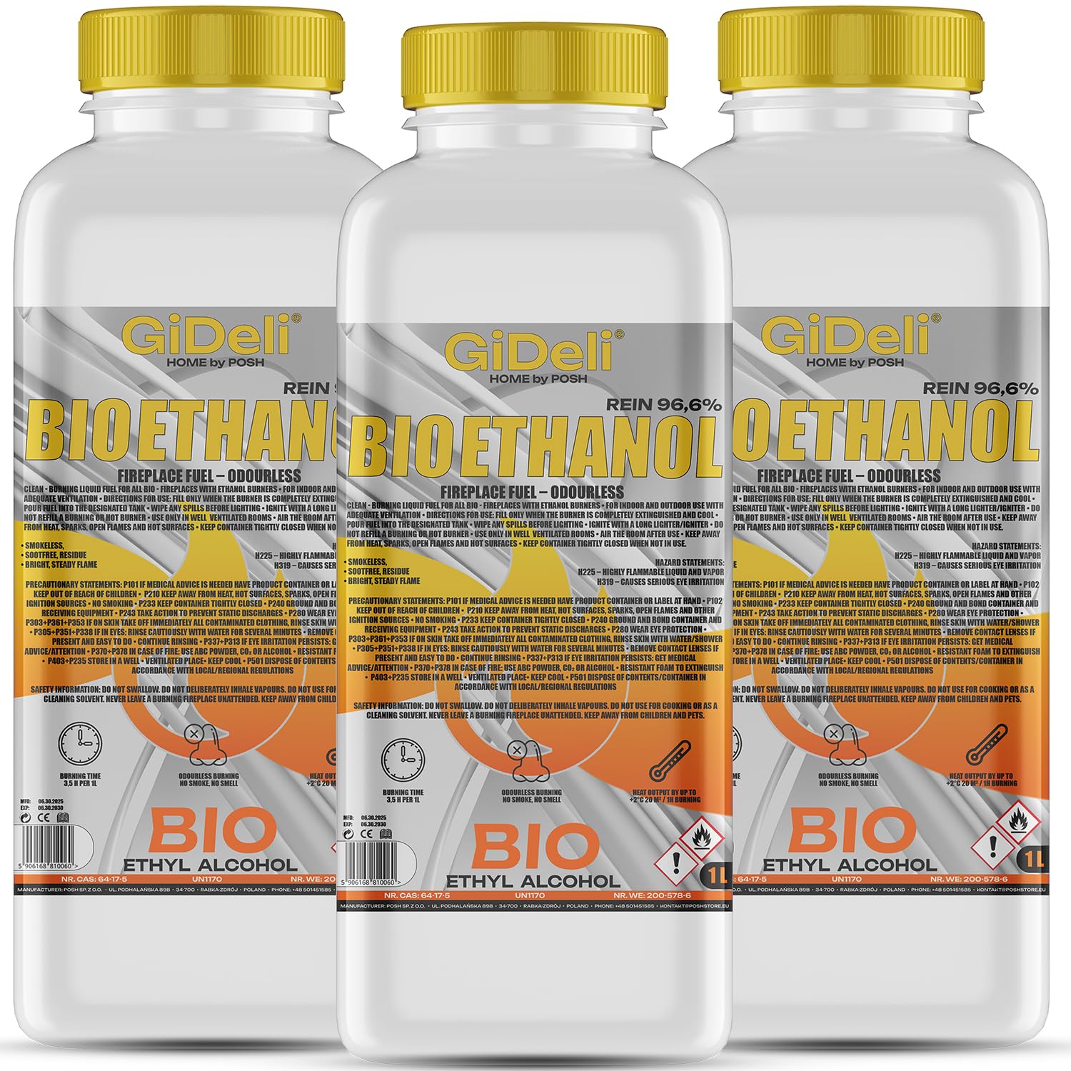 GiDeli Bioetanol 3 l inodoro 96,6% etanol para chimeneas interiores y exteriores – de maíz y remolacha azucarera
