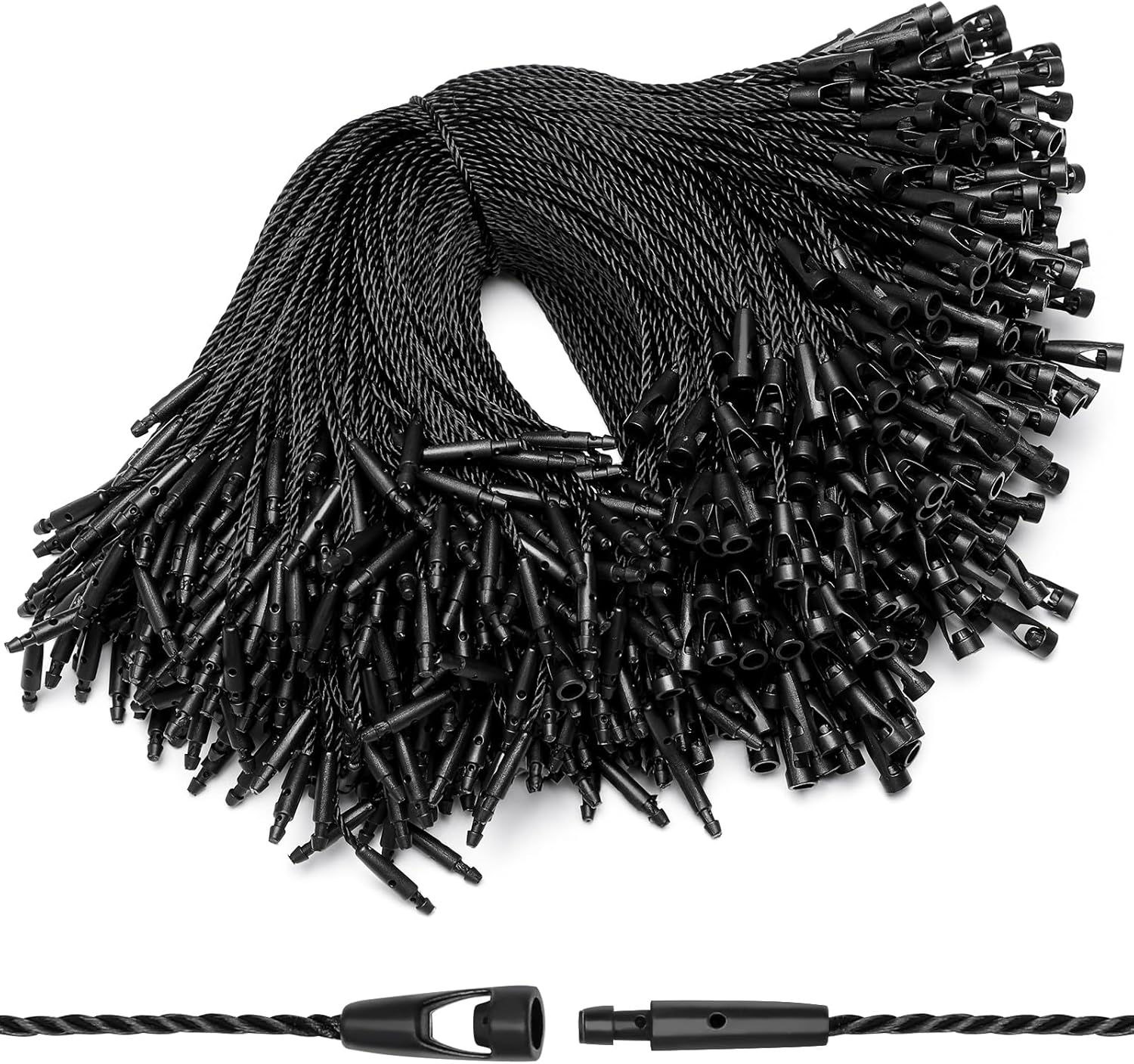 EUSOAR String for Tags, 6.1" 500Pcs Nylon Gift Garment Price Hanging Tag Ropes Snap Lock Pin Loop Fastener Hook Ties Fast to Attach for Present Clothing Shoes Luggage Labels-Black