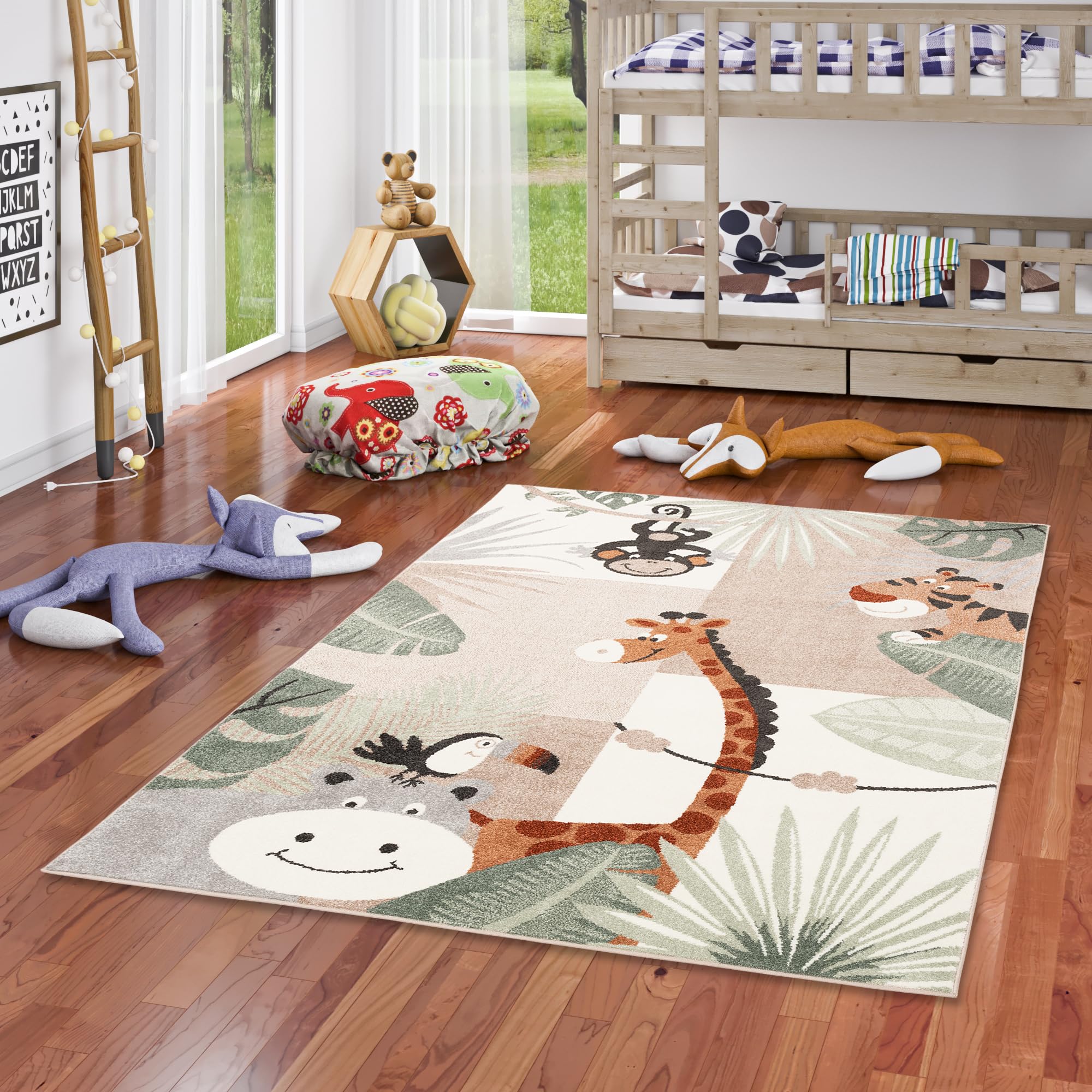 Pergamon Softstar Kids - Tapis pour Enfants - Monde des Animaux Vert Menthe Beige - 5 Tailles