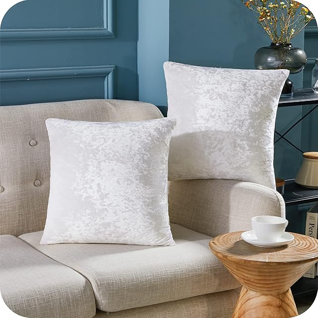 Amazon Brand - Umi Decorative Cushion Covers 40 x 40 Velvet Pillow Cases for Sofa Bedroom with Invisible Zipper 16 x 16 Inch White 2 Sets