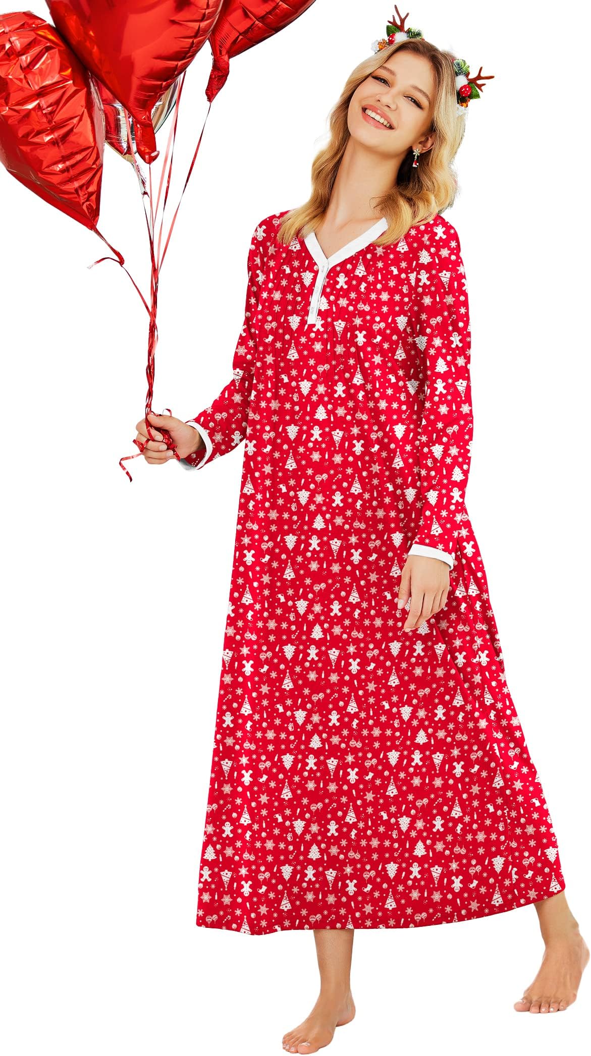 Ekouaer Long Nightgown Women Long Sleeve Loungewear Oversized Sleepwear Loose Sleep Dress Christmas Print Medium