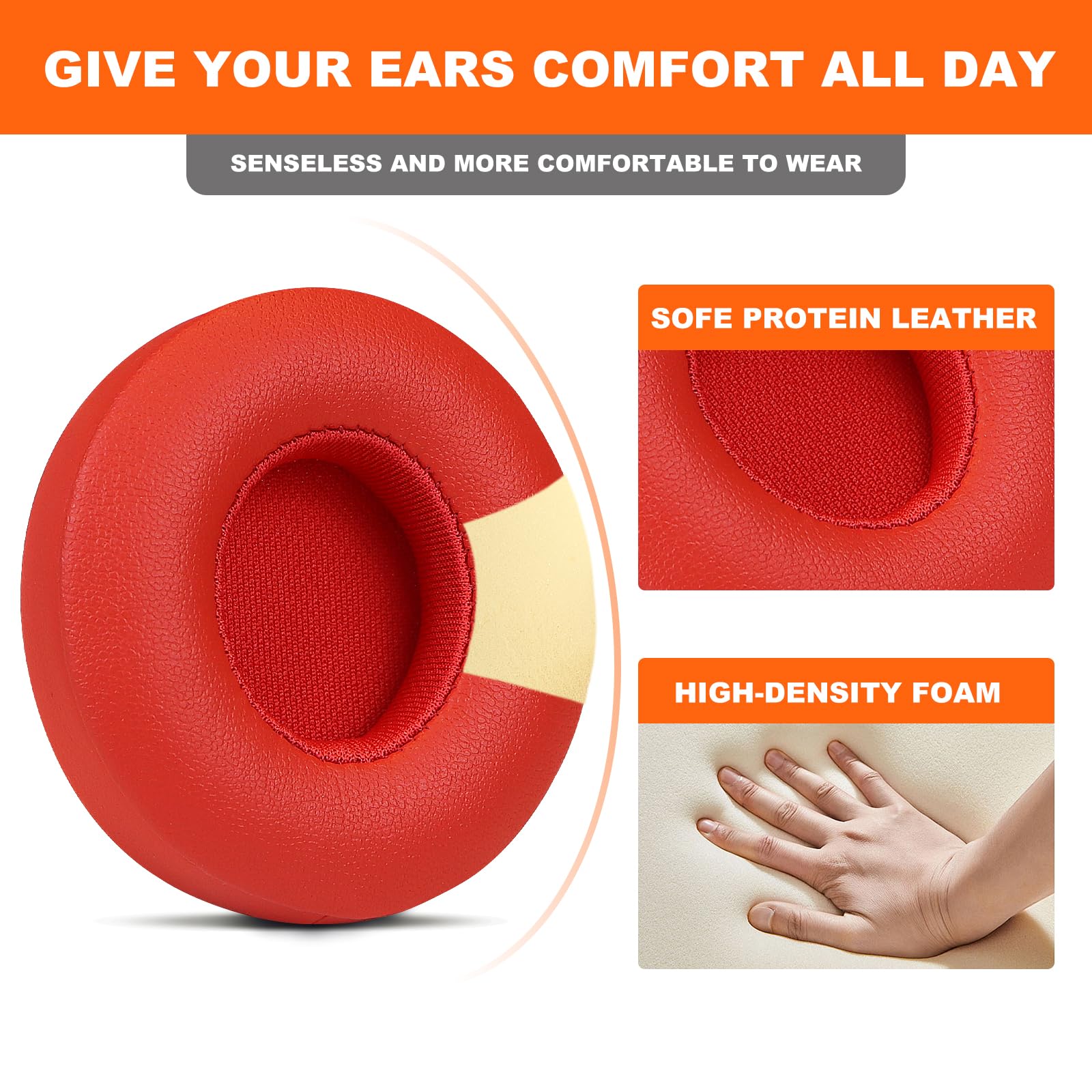 SINOWO Earpads Replacement for Beats Solo 2 & Solo 3 Wireless On-Ear Headphones,Solo2 Solo3 Ear Pads Cushions with Noise Isolation Memory Foam,Soft Protein Leather(Citrus Red) - Image 3