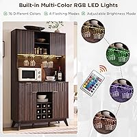 Vista 5 de OKD Gabinete de bar de vino de 72 pulgadas de alto con gabinete de almacenamiento, moderno gabinete de barra de café de madera acanalada con luces