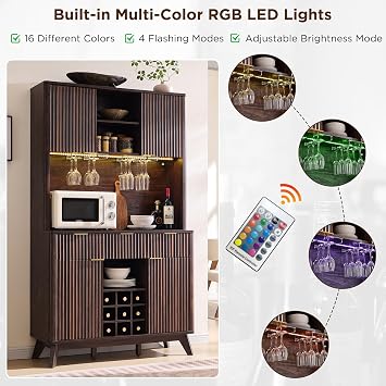 OKD 72 Tall Fluted Wine Cabinet, Modern Coffee Bar Cabinet, Dark Walnut | Charging Station, Led Lights, 4 Stemware Racks, 9 Wine Racks, 3 Drawers, 4 Cabinets, 2 Open Shelf, Home Bar Storage