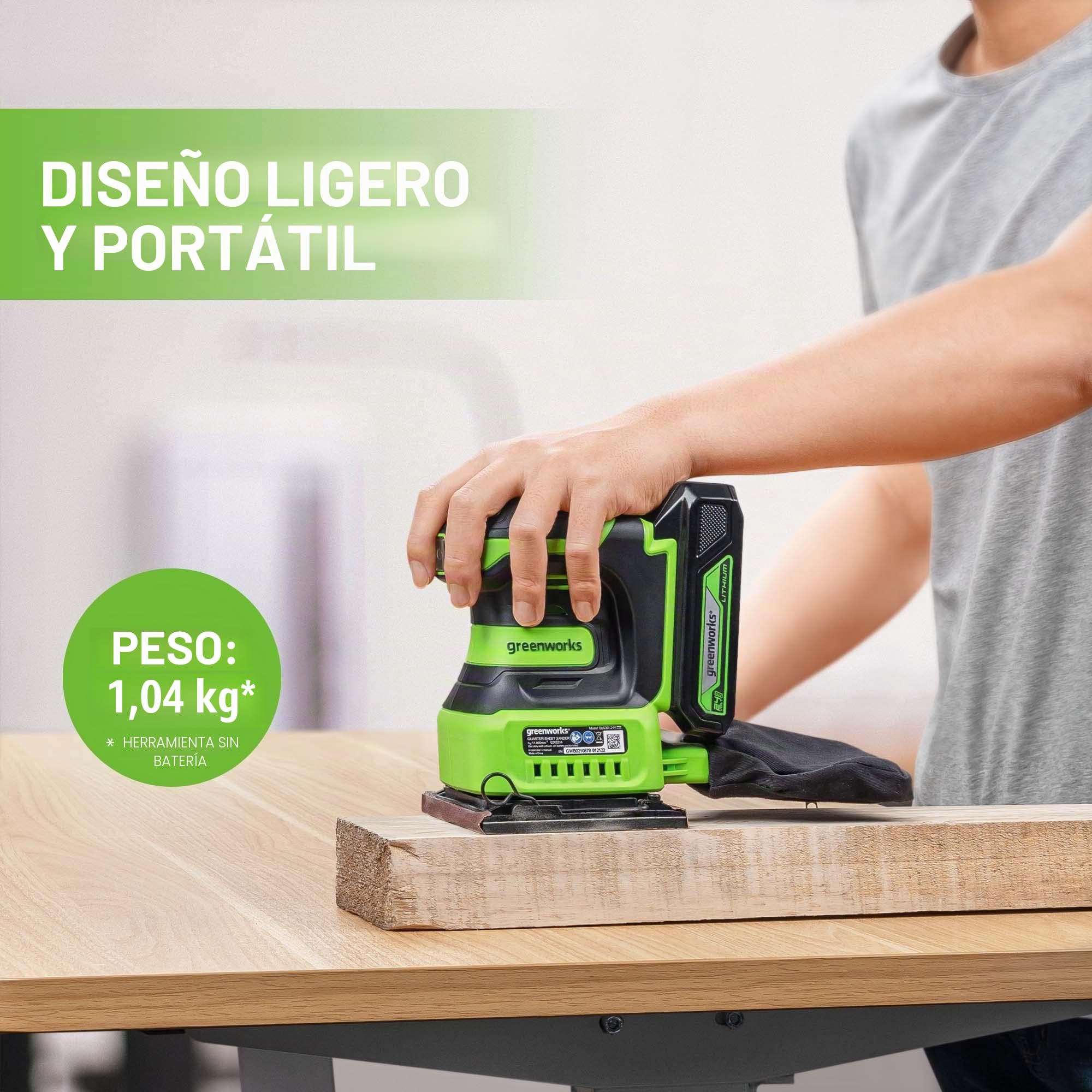 Greenworks G24SS14 Lijadora de 1/4 de Hoja Inalámbrica, 11000 rpm, SIN Batería de 24V y Cargador, Garantía de 3 Años
