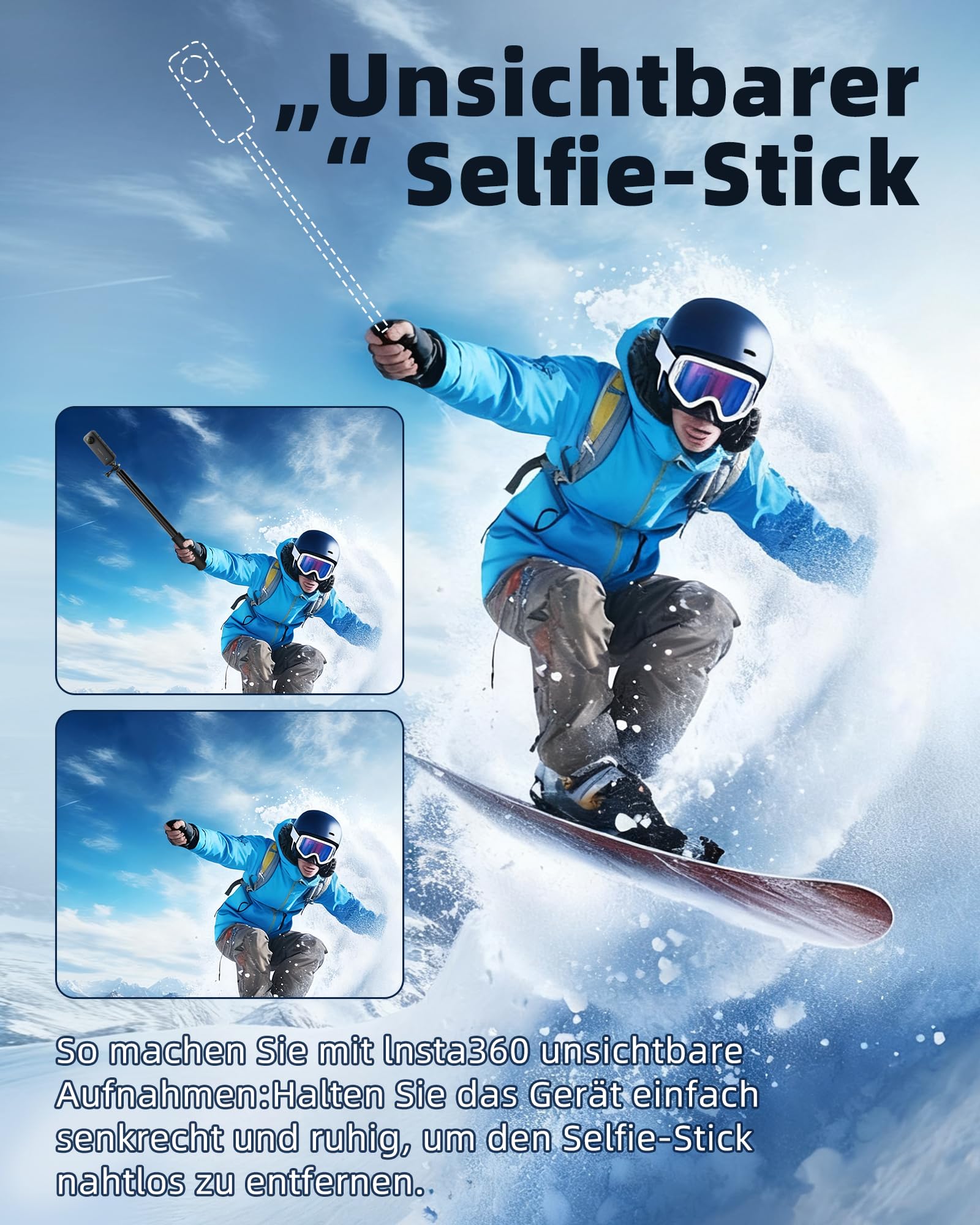 3m Selfie Stick Stativ aus Wasserdicht Aluminium,ausziehbares Monopod Stativ für Insta 360 X5/X4/X3/ONE RS/X2, GoPro Hero, DJI Osmo Action 5/4/2, Smartphones, 42-300 cm, mit Handyhalter & Tasche