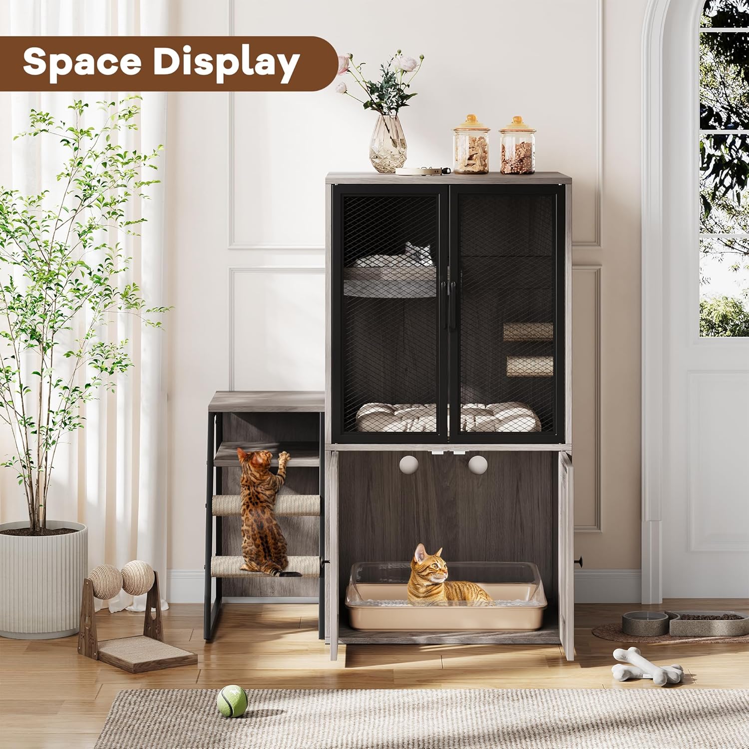 Garvee Double Cat Litter Box Fence with Ladder, Double Cat House with Storage Space, Enclosed Litter Box Furniture, Gray