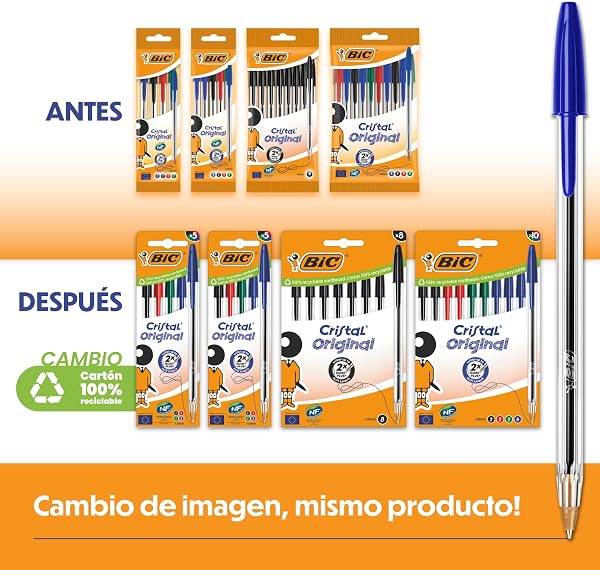 BIC Cristal Original Bolígrafos de Punta Media (1,00 mm) con Tapón y Capuchón a Juego - Azul, Caja de 10 - 2