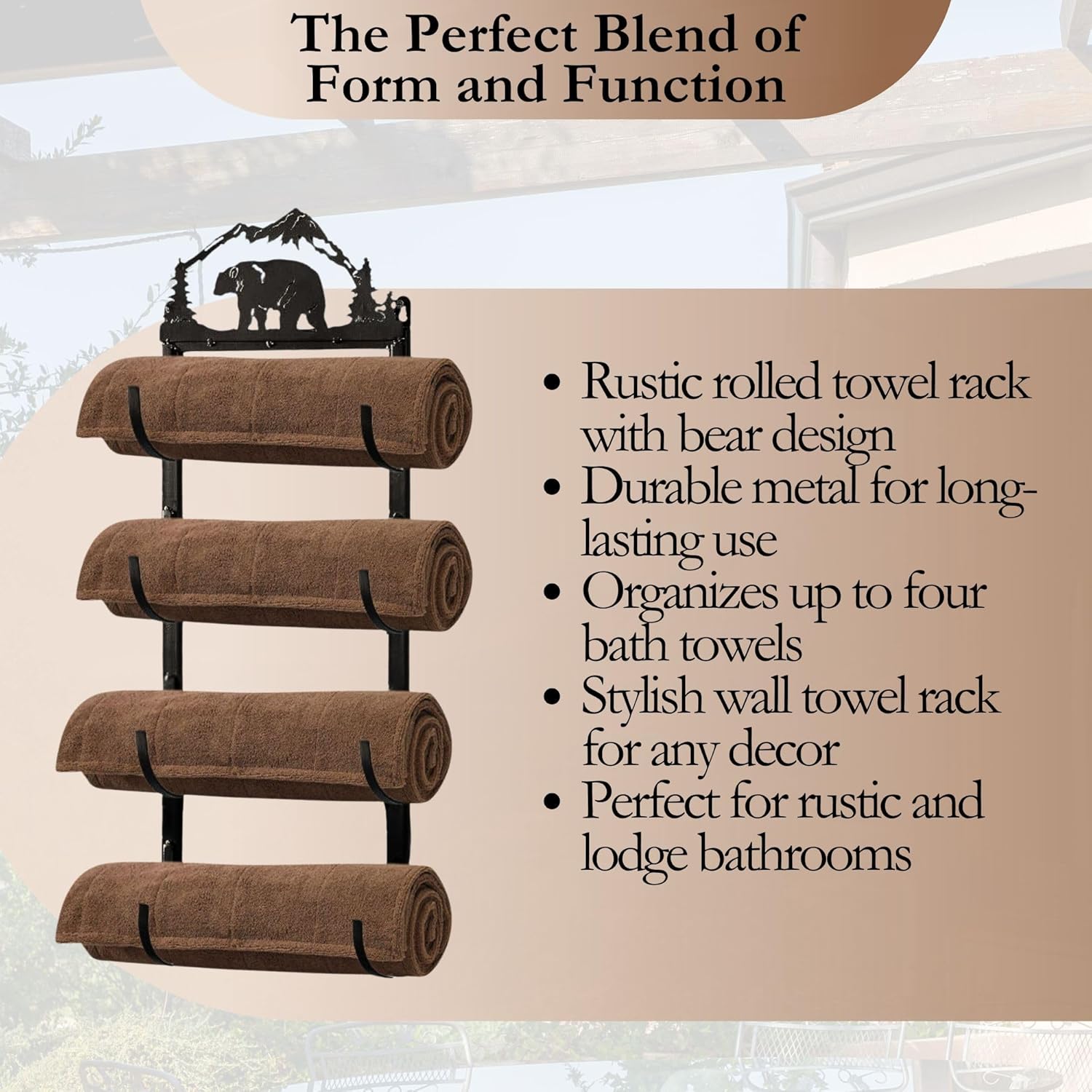 BestGiftEver Rustic Black Bear Rolled Towel Rack with Mountain Woodland Scenery – Durable Metal Wall Mounted Towel Rack, Rustic Bear Bathroom Decor, Metal Towel Holder for Bathroom Wall