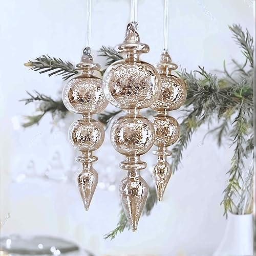Juego de 3 adornos navideños de vidrio de mercurio, soplados a mano, plateados, colgantes, para decoración del árbol de Navidad, decoración vintage
