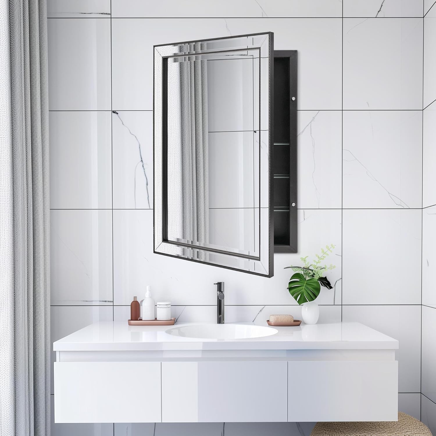Head West Black Stylish Sleek Metro Beaded Medicine Cabinet with Mirror, Bathroom Wall Mount Storage Organizer with Glass Shelves - 22" x 30"