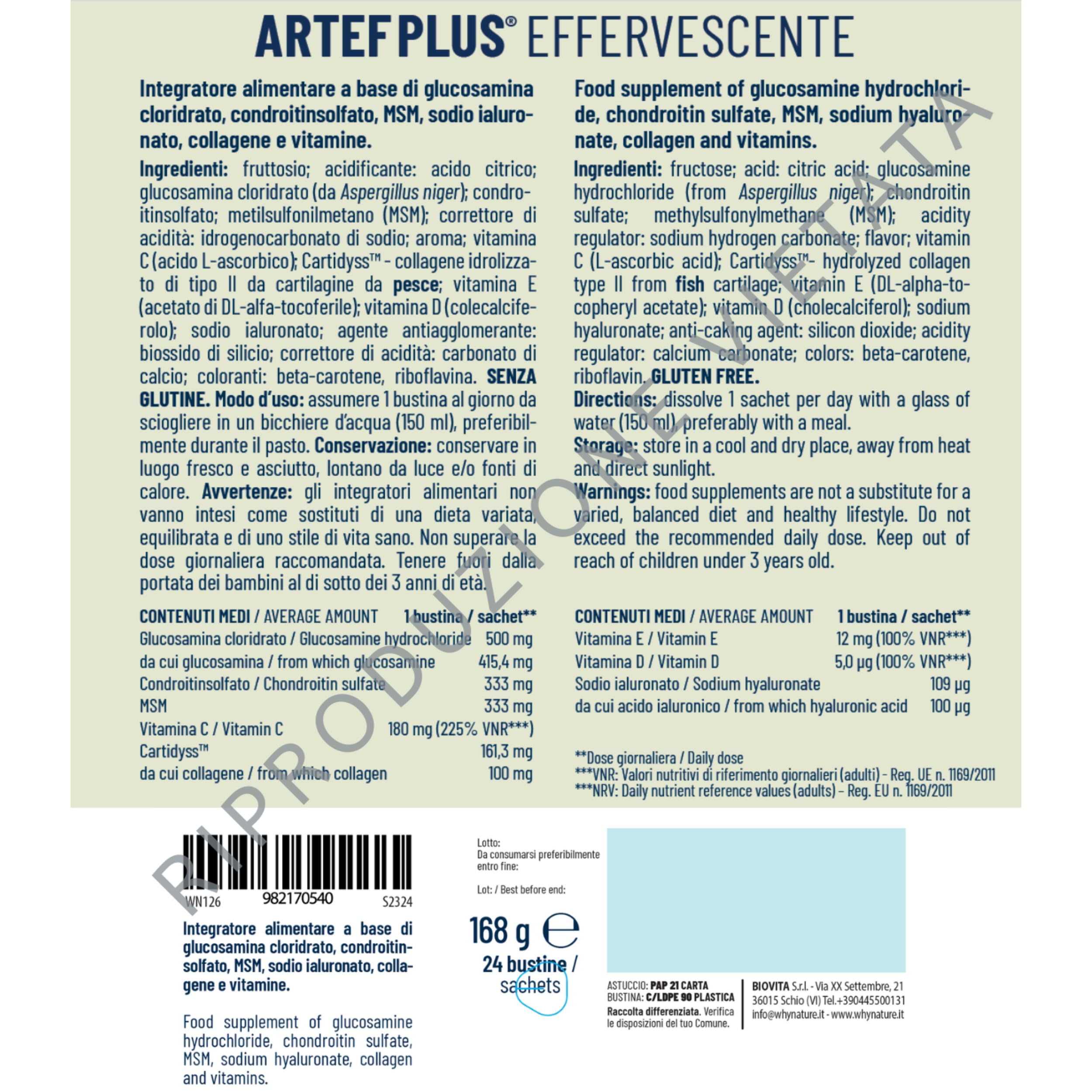 WHY NATURE ARTEF PLUS - Integratore Alimentare Ossa e Cartilagine - Con Vitamina C, Vitamina D3, Vitamina E, Acido Ialuronico - Gusto Arancia - Senza Glutine - 24 Bustine
