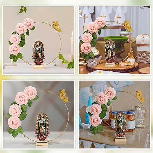 Miniatura 4 de BreezeHug 12 centros de mesa de bautismo para centros de mesa para bautizo bodas, 12 piezas de madera, 12 aros florales con soporte, 24 rosas de