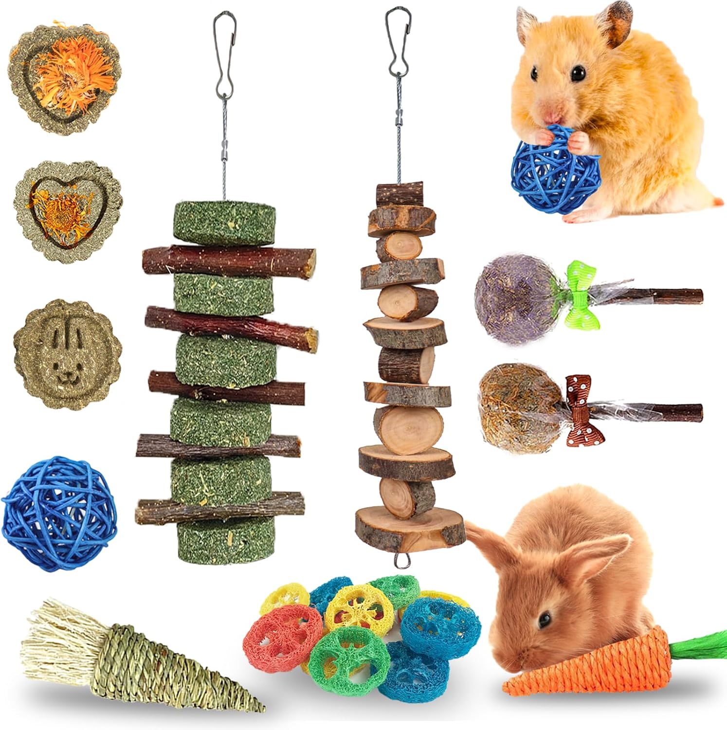 Rabbit Chew Toys for Teeth, Natural Wood Sticks Timothy Grass Chew Bunny Treat Toys for Rabbit Guinea Pig Hamster Chinchilla Gerbil