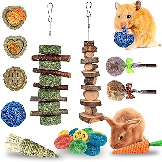 Rabbit Chew Toys for Teeth, Natural Wood Sticks Timothy Grass Chew Bunny Treat Toys for Rabbit Guinea Pig Hamster Chinchilla Gerbil