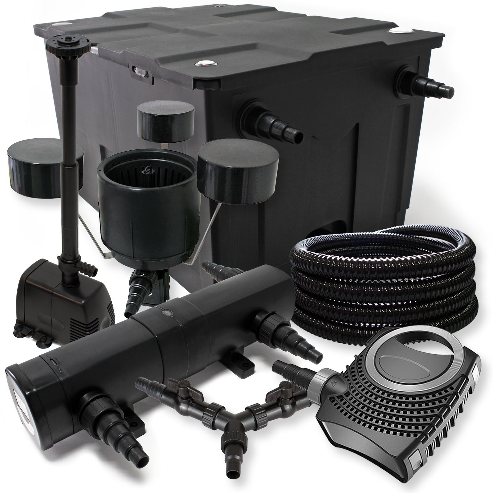 SunSun Kit complet: CBF-550 Filtre de bassin jusqu'à 60000L, NEO10000 pompe 10000l/h 80W, CUV-236 lampe uv 36W, 25m Tuyau 25mm, CSP-250 Écumeur 2500l/h, HJ-943 fontaine 800l/h, Y-distributeur
