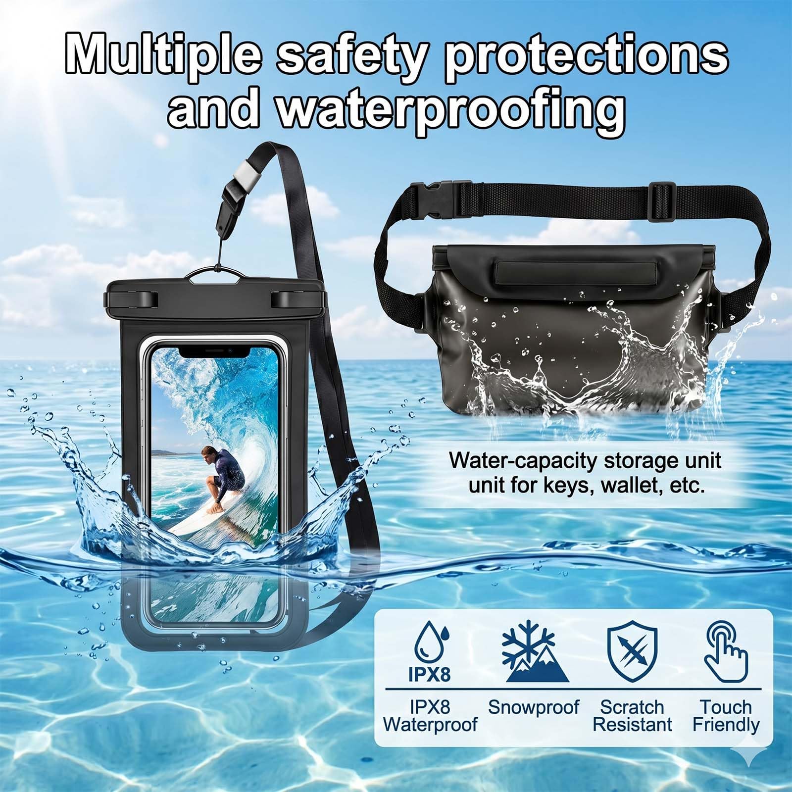 wasserdichte handyhülle & wasserdichte bauchtasche Set - IPX8 handyhülle wasserdicht mit Dreifach-Verschluss, Touchscreen & Face ID, wasserdichte tasche für Strand, Schwimmen, Tauchen, Wassersport