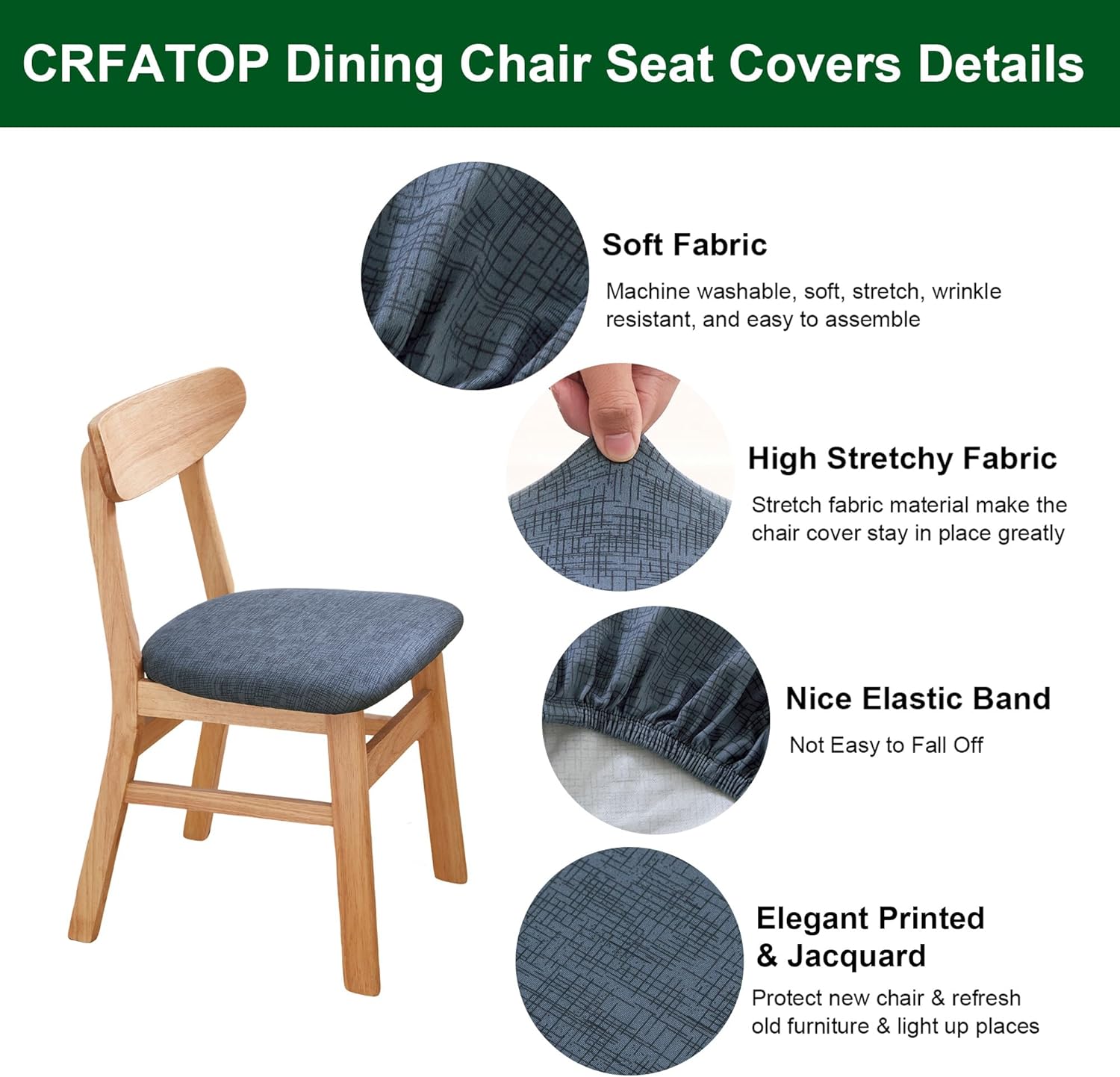 CRFATOP Waterproof Dining Chair Seat Covers Set of 4, Stretch Dining Room Cushion Covers Non-Slip Elastic Seat Cover for Dining Chairs Washable Parson Kitchen Chair Protectors,L,01