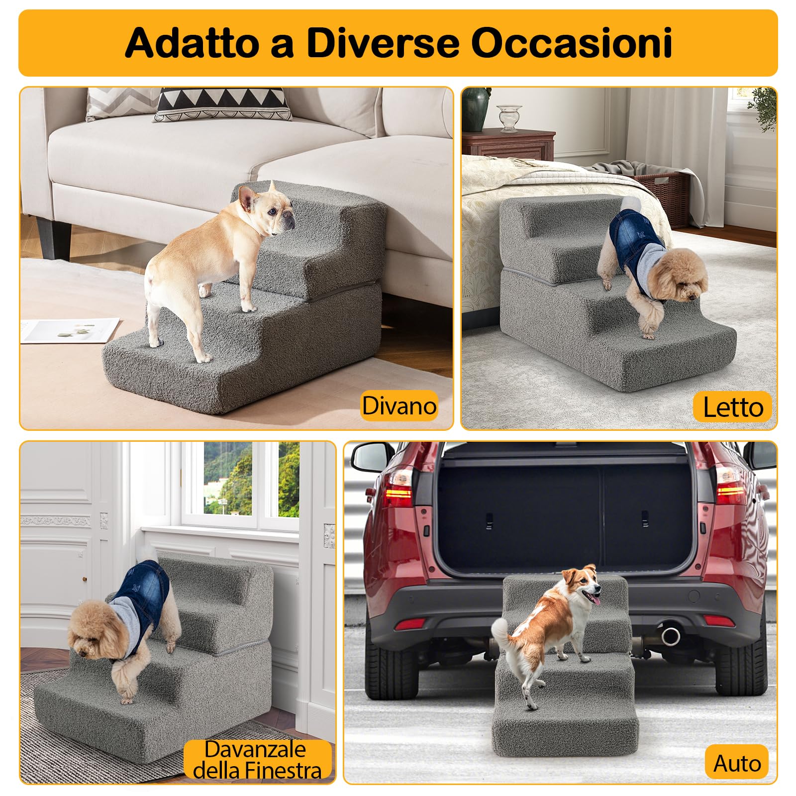 COSTWAY Rampa per Cani con 4 Gradini per Animali Piccoli, Anziani e Feriti | Scalette in Schiuma Piehgevole con Fondo Antiscivolo e Copertura Rimovibile e Lavabile per Letto Alto Divano