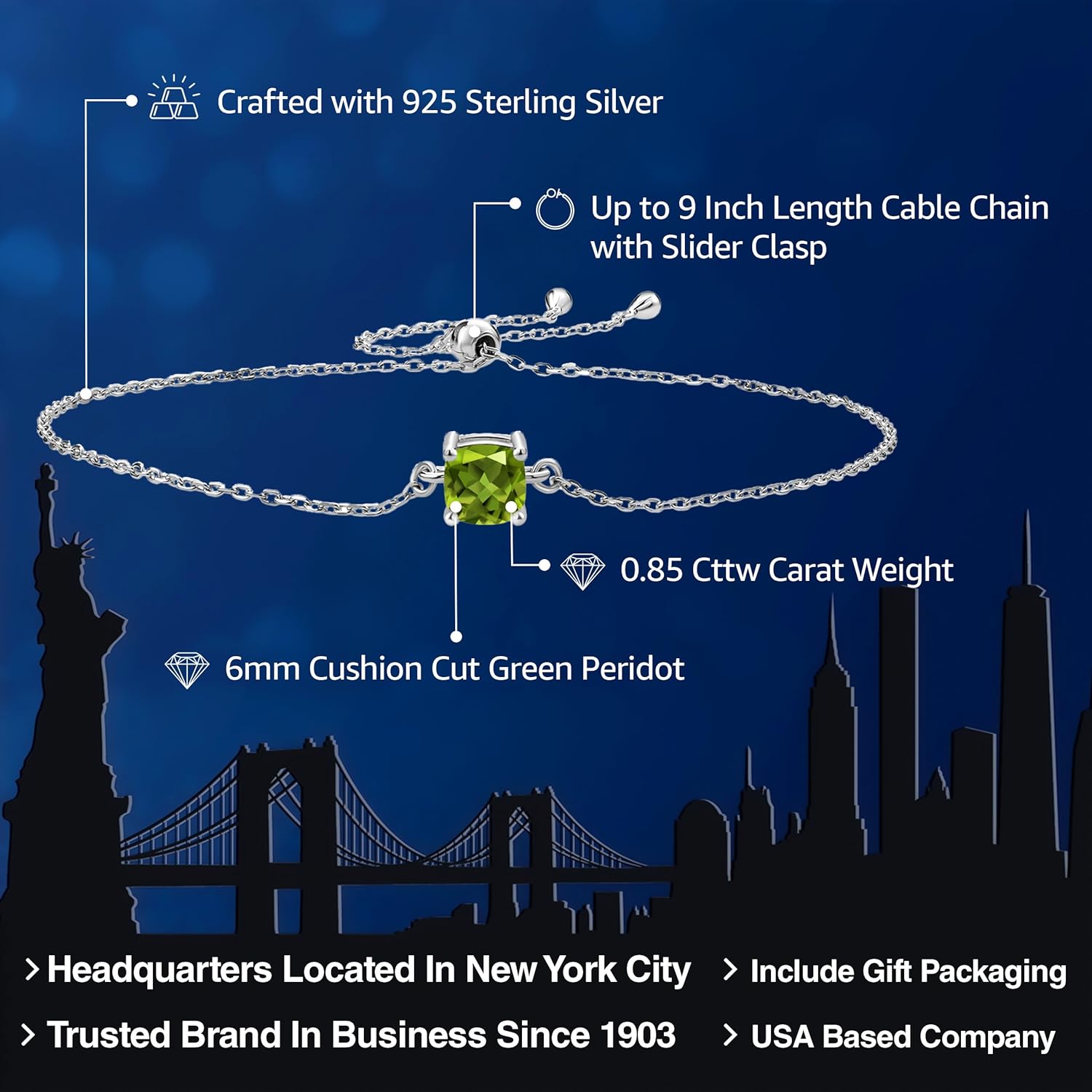 Gem Stone King Solitaire Bracelet For Women | 925 Sterling Silver | 6MM Cushion Cut Gemstone Birthstone | Bollo Bracelet | Fully Adjustable Up to 9 Inch | Easy-On Easy-Off - Image 2