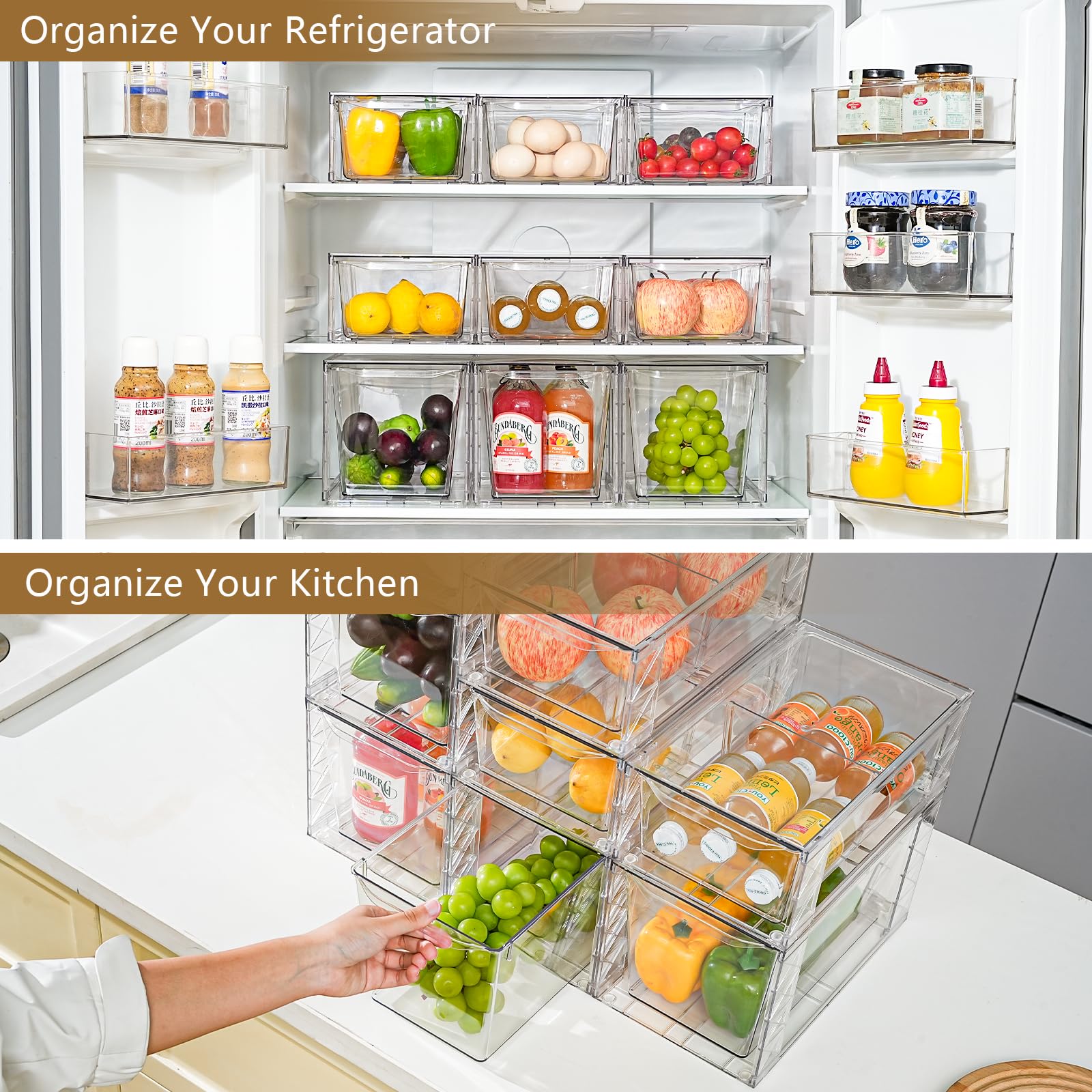 Confezione da 4 contenitori impilabili da cucina, organizer per dispensa e stoccaggio, contenitori trasparenti per alimenti con manici, facili da montare per bagno, cucina, dispensa, armadio, armadio