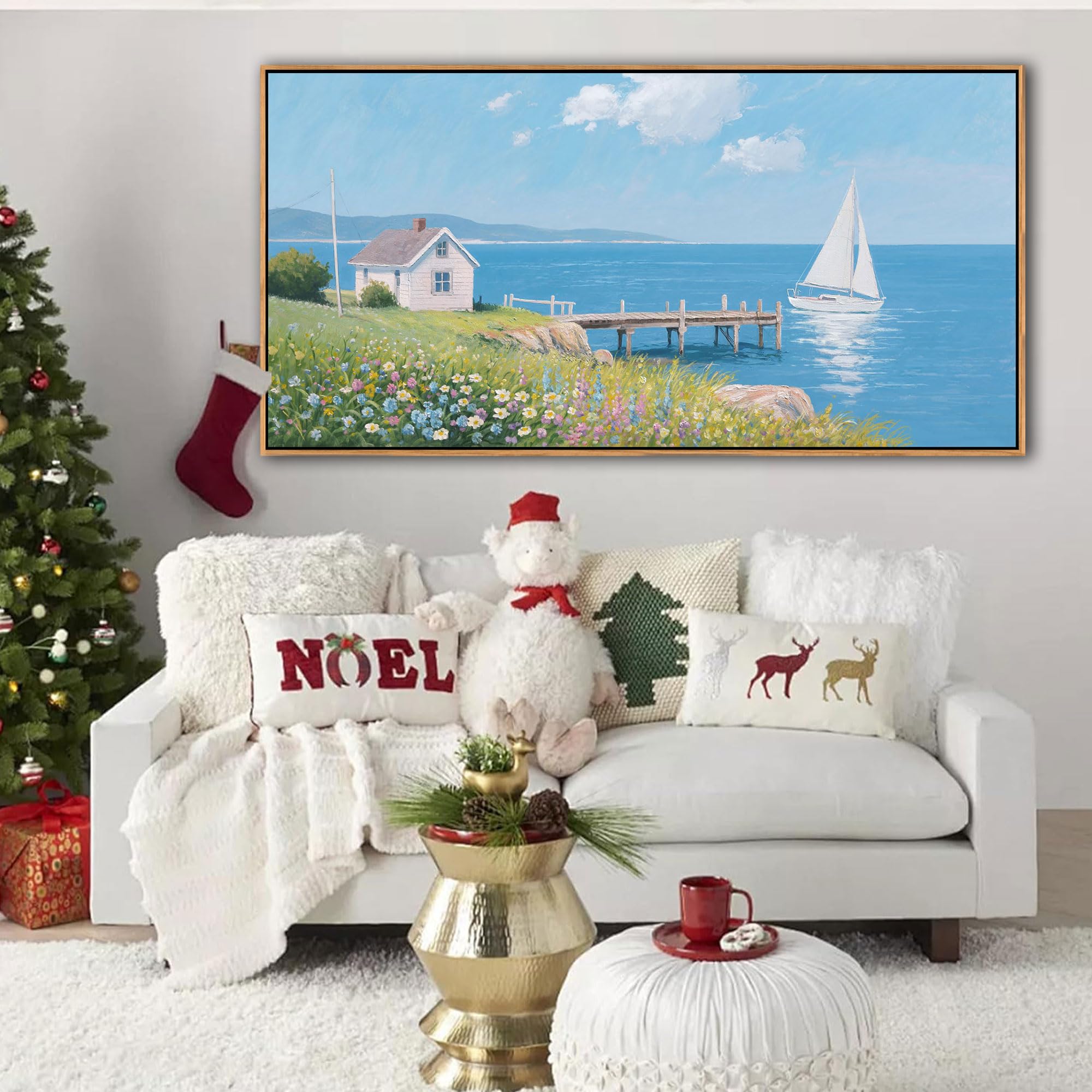 Photo 1 of Mofutinpo Coastal Beach Wall Art,Large Purple Flower Landscape Canvas Wall Art for Living Room & Bedroom Decor, Framed Blue Beach Pictures & Paintings for Walls,Ocean Artwork for Home & Office 24x48IN